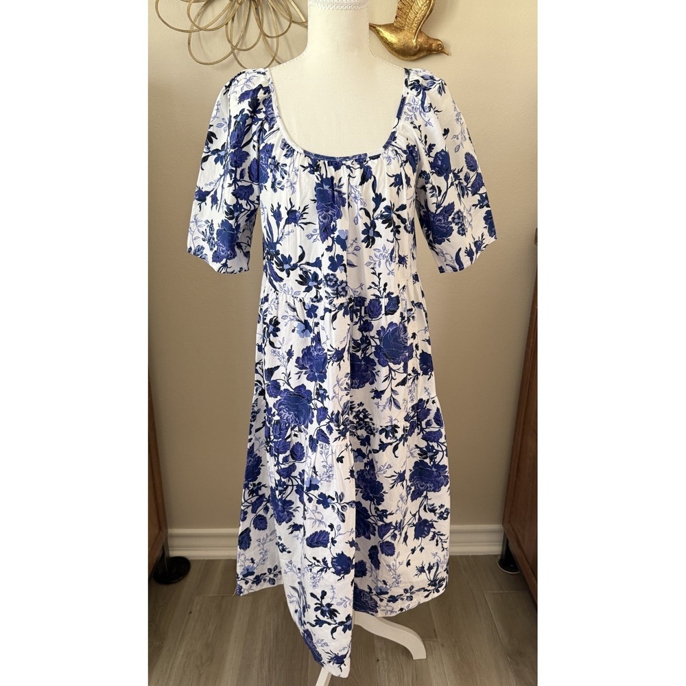 Harlow & Rose Blue White Floral Cotton Tiered Midi Dress Puff Sleeve Small